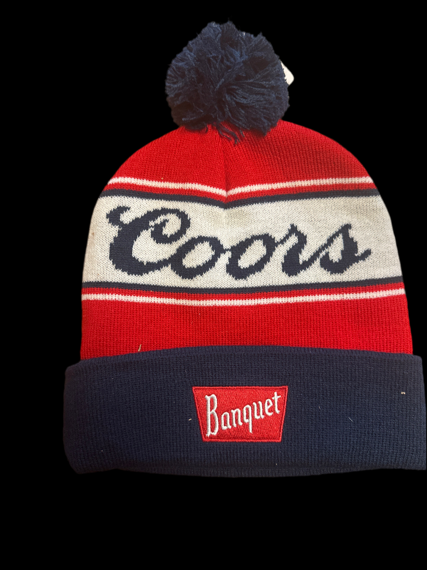 Coors Banquet Red Navy Knit Pom Beanie Hat – Retro Logo Winter Cap