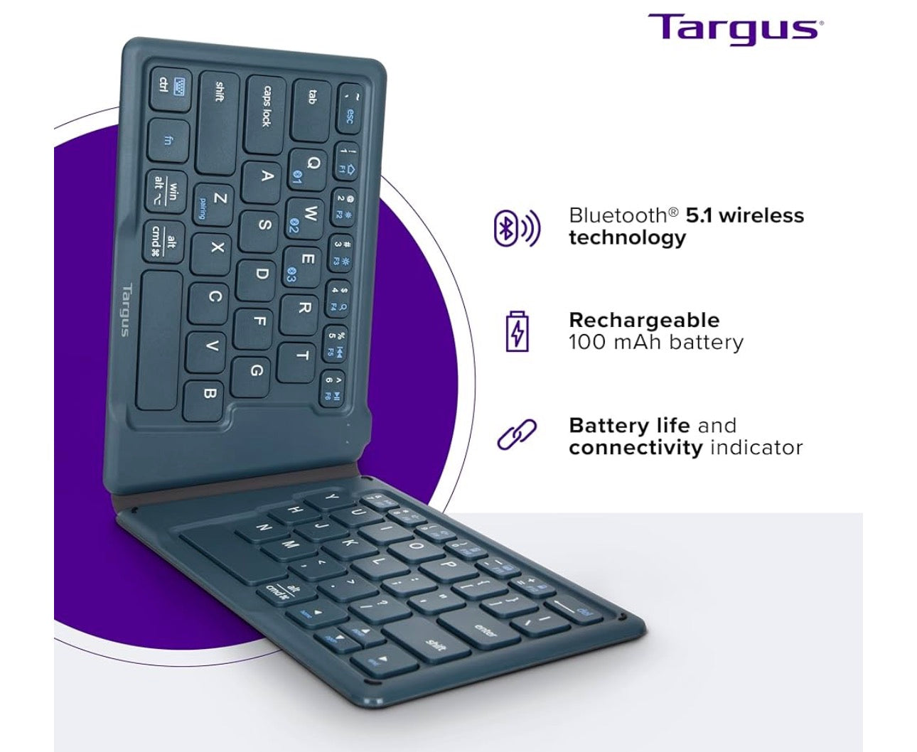 Targus Wireless Folding Keyboard – Ultra Compact, Bluetooth 5.1 – Rechargeable