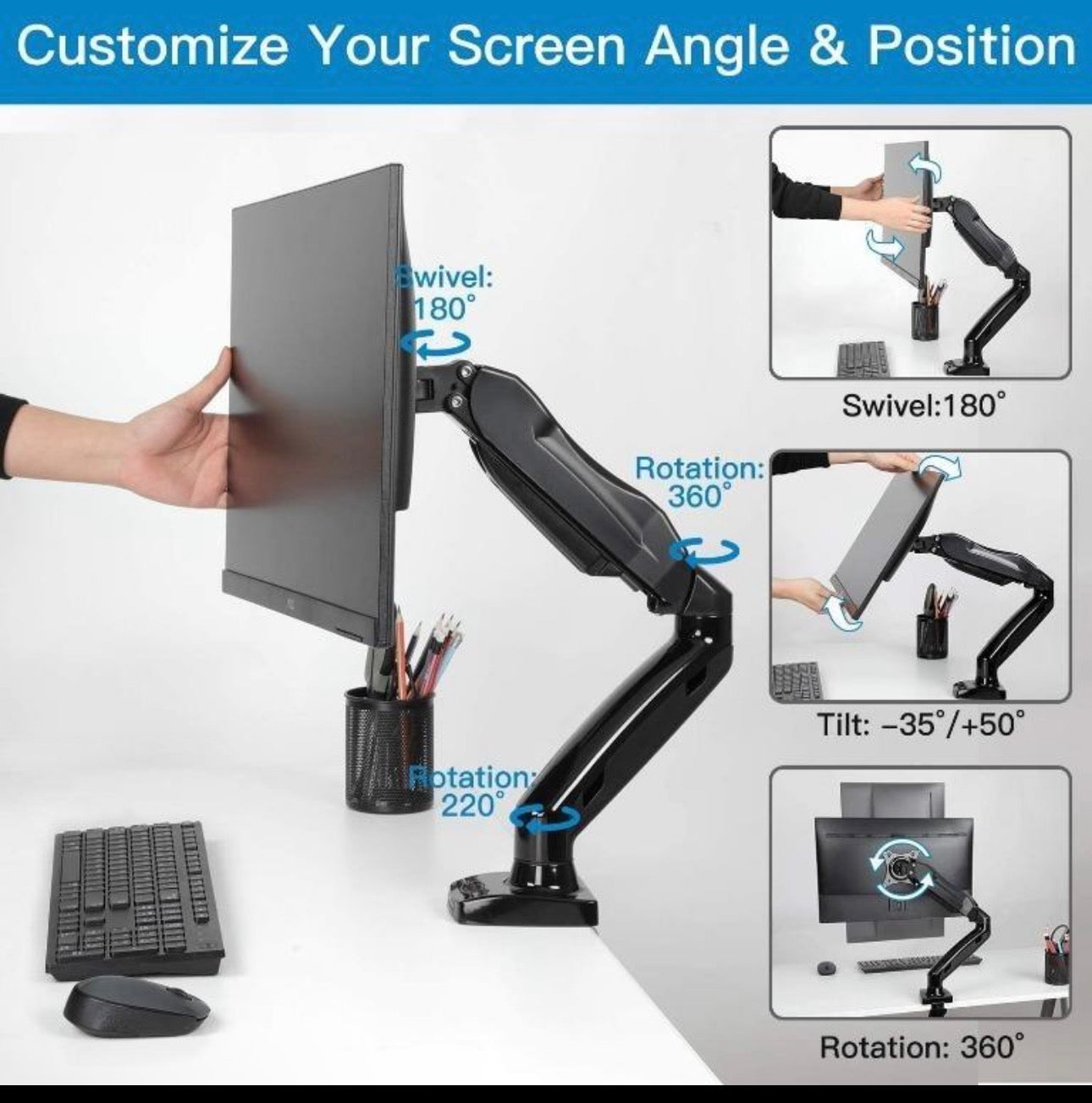 HUANUO HNSS6 Single Monitor Arm – Adjustable Gas Spring Stand